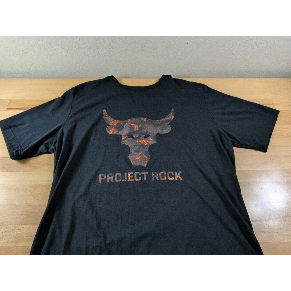Under Armour Project Rock T-Shirt Men XLT Black Orange Brahma Bull Graphic Tee